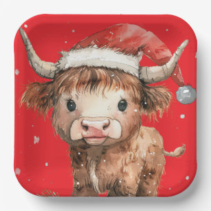 Assiettes En Carton Mignonne. Vache Highland à Santa Hat Red