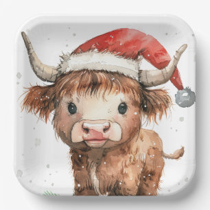Assiettes En Carton Mignonne. Vache Highland à Santa Hat White