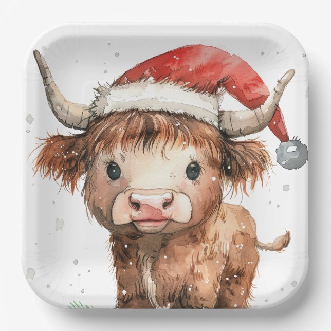 Assiettes En Carton Mignonne. Vache Highland à Santa Hat White (Recto)