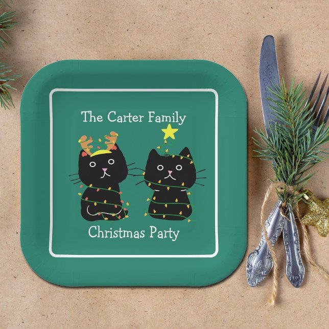 Assiettes En Carton Mignons Deux Chats Feux de Noël Personnalisé Green (Créateur téléchargé)