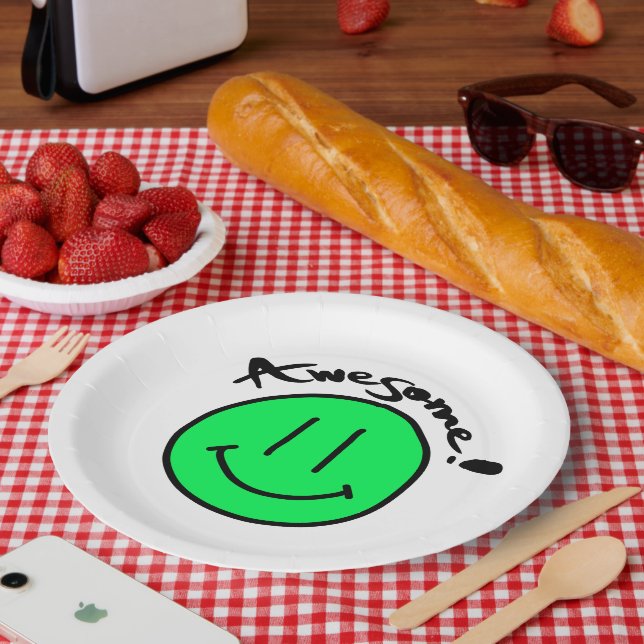Assiettes En Carton Mikitiez face souriante école été printemps vert (Pique-nique)