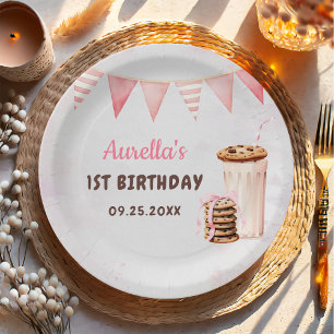 Assiettes En Carton Milk et biscuits Fille Premier anniversaire Fête