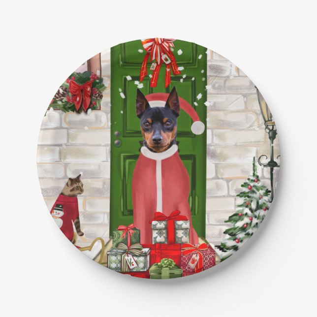 Assiettes En Carton Miniature Pinscher Chien Noël (Devant)