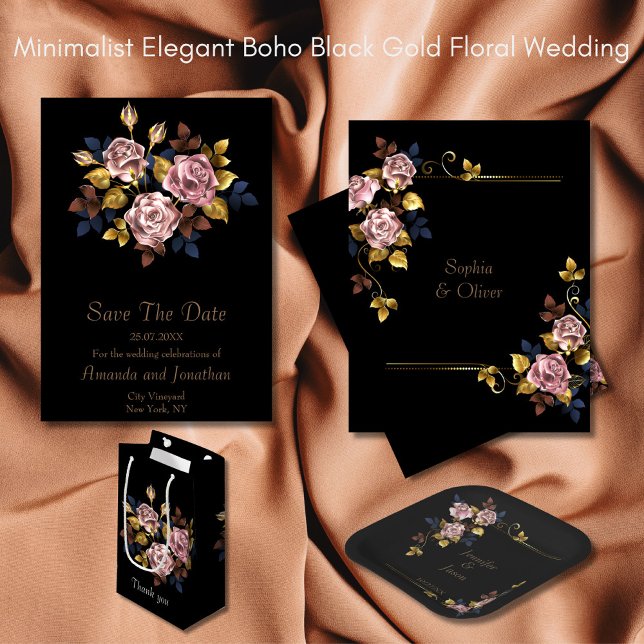 Assiettes En Carton Minimaliste Elegant Boho Black Gold Floral Mariage (Créateur téléchargé)