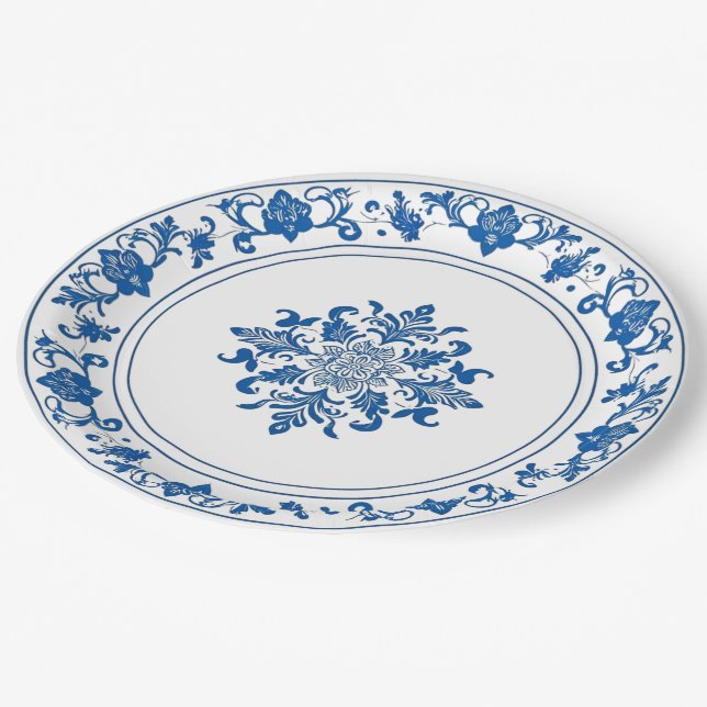 Assiettes En Carton Minimaliste tendance vintage bleu blanc chinoiseri (Angle)