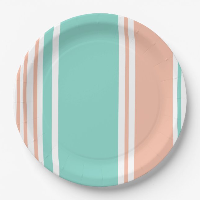 Assiettes En Carton Mint Green et Peach Modern Strips (Devant)