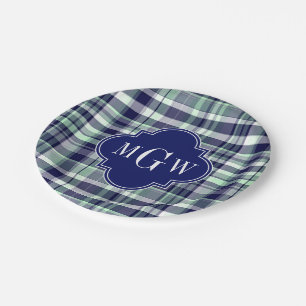Assiettes En Carton Mint Marine Blanc Preppy Madras Quatrefoil Monogra