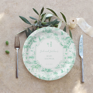 Assiettes En Carton Mint Safari Toile de Jouy Baby shower