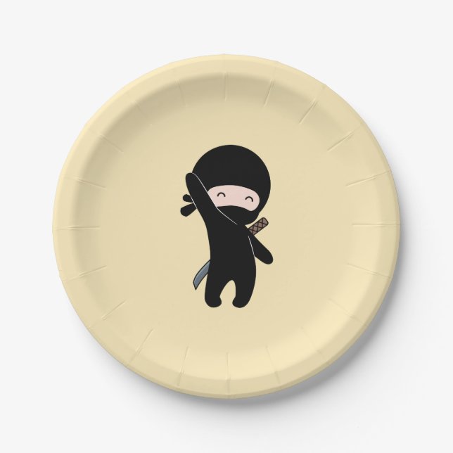 Assiettes En Carton Minuscule Ninja heureux sur Jaune (Devant)
