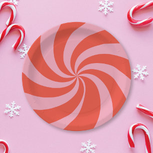 Assiettes En Carton Mod Wavy Retro Noël bonbon rose rouge Vacances