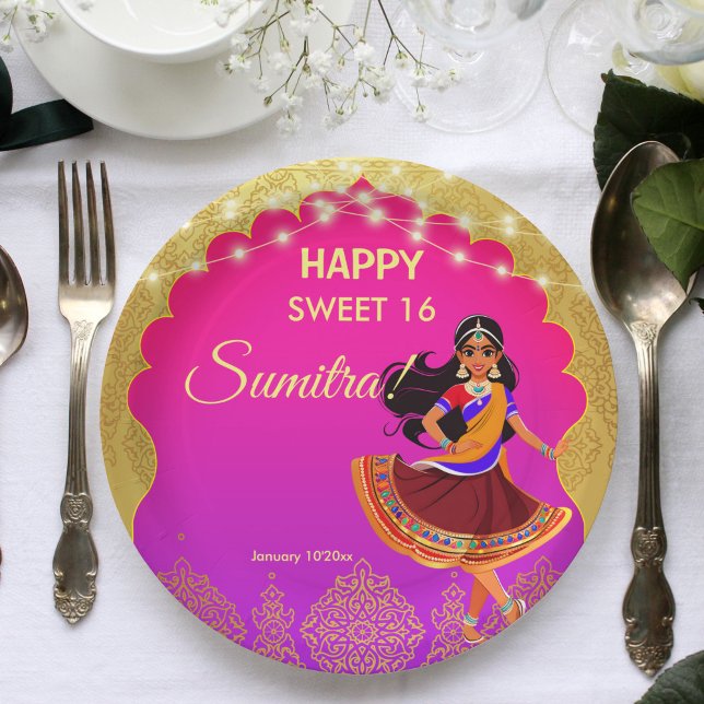 Assiettes En Carton Modèle de fête d'anniversaire des filles de Bollyw (Indian Bollywood girls birthday party template printed Paper Plates pink and gold cute cartoon)