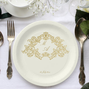 Assiettes En Carton Modèle de mariage élégant vintage ivoire et or