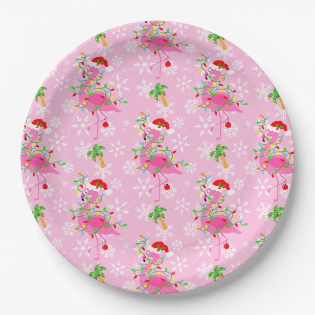 Assiettes En Carton Modèle Flamingo rose de Noël (Devant)