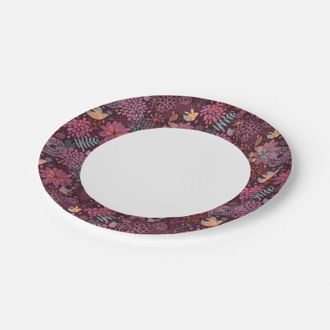 Assiettes En Carton Modèle floral Abstrait avec oiseaux (Angle)
