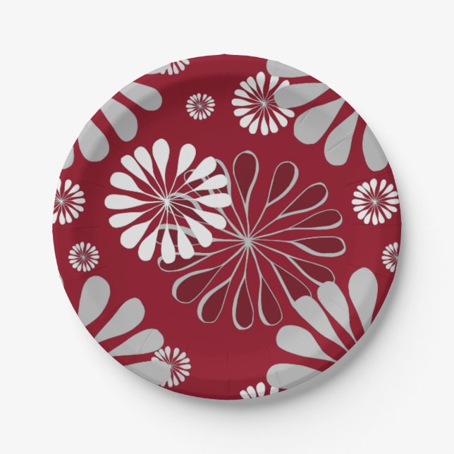 Assiettes En Carton Modèle floral bordeaux et gris (Devant)