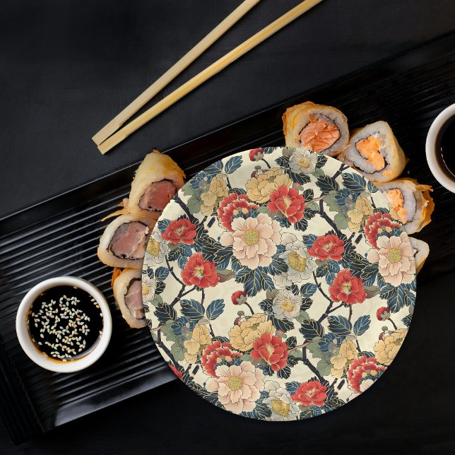 Assiettes En Carton Modèle floral japonais Ukiyo-E Art (Créateur téléchargé)