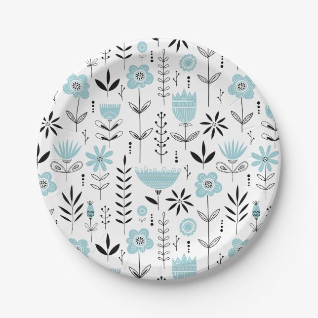 Assiettes En Carton Modèle floral scandinave bleu (Devant)