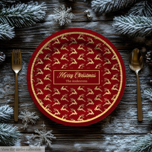 Assiettes En Carton Modern Christmas Paper Plates Red & Gold Reindeer (Modern Christmas Paper Plates Red & Gold Reindeer)