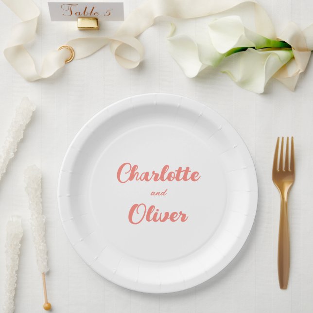 Assiettes En Carton Modern Coral Pink Script Wedding Party (Mariage)