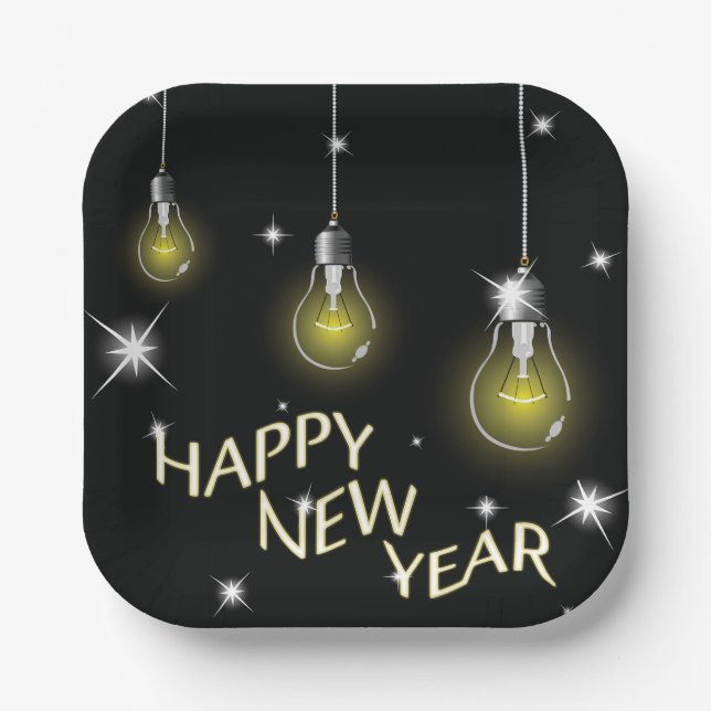 Assiettes En Carton Modern Glowing Light Bulbs Happy New Year (Recto)