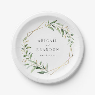 Assiettes En Carton Modern Greenery Gold Geometric Rustic Wedding