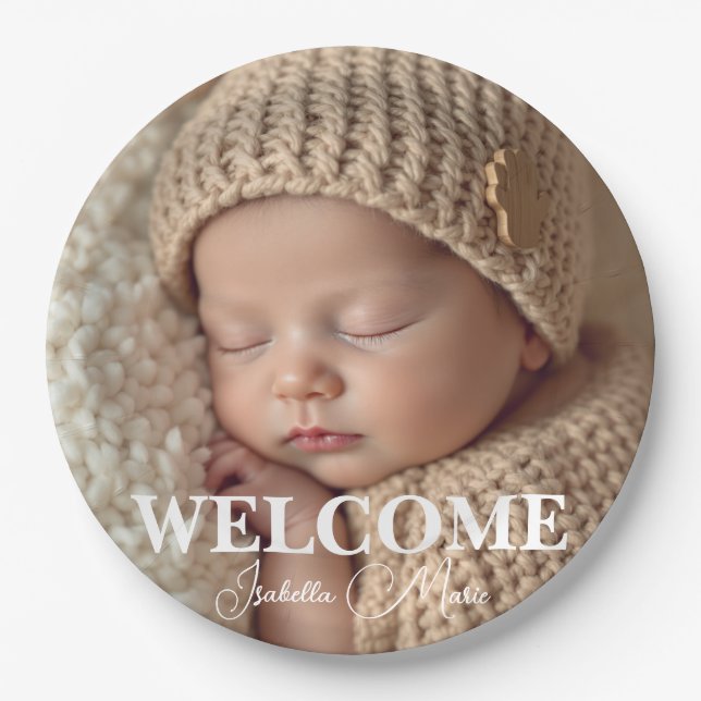 Assiettes En Carton  Modern Grey and White Photo Birth Announcement (Devant)