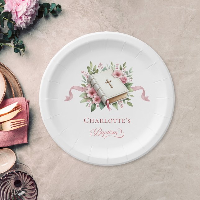 Assiettes En Carton Modern Pink Flower Baptism Paper Plate (Créateur téléchargé)