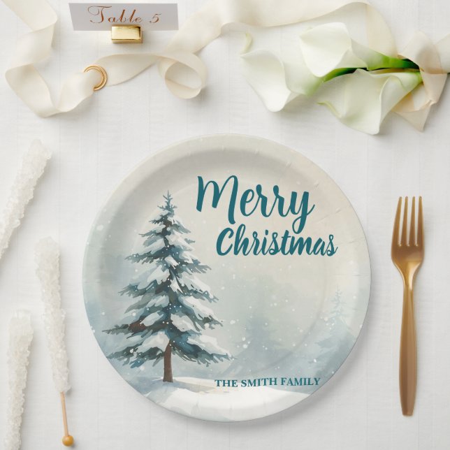 Assiettes En Carton Modern Script Christmas Xmas winter pine tree fore (Mariage)