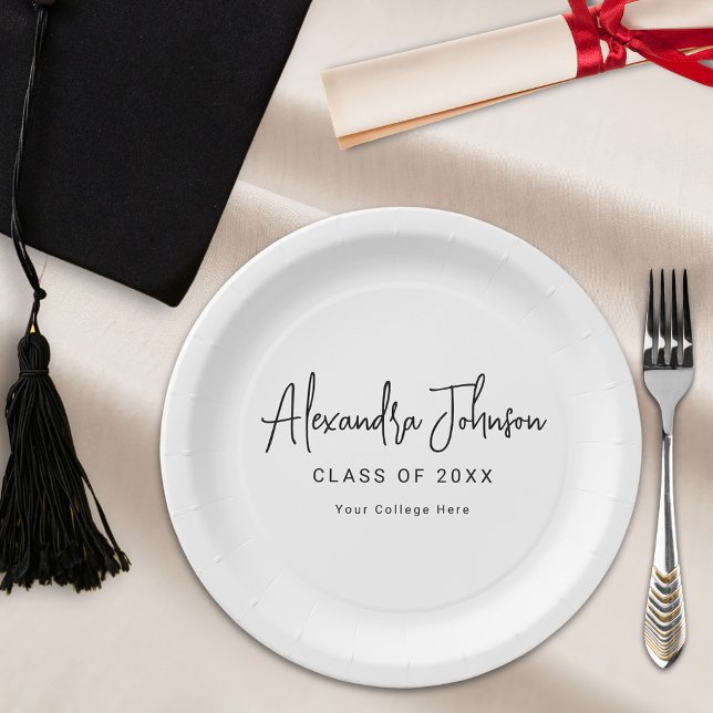 Assiettes En Carton Modern Script Simple Graduation Party (Modern trendy black script graduation party personalize paper plates College or high school graduate)