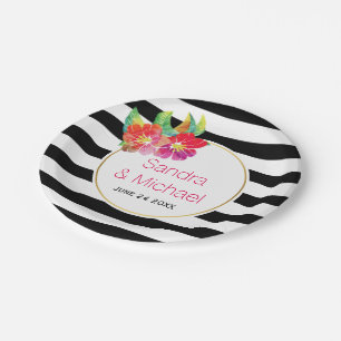 Assiettes En Carton Moderne, aquarelle fleur & rayures mariage florale