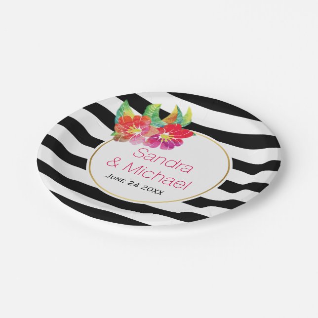 Assiettes En Carton Moderne, aquarelle fleur & rayures mariage florale (Angle)