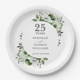 Assiettes En Carton Moderne Argent 25e anniversaire Mariage verdure