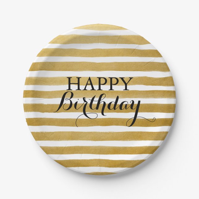 Assiettes En Carton Moderne Chic Gold Stripe joyeuse fête d'anniversai (Devant)