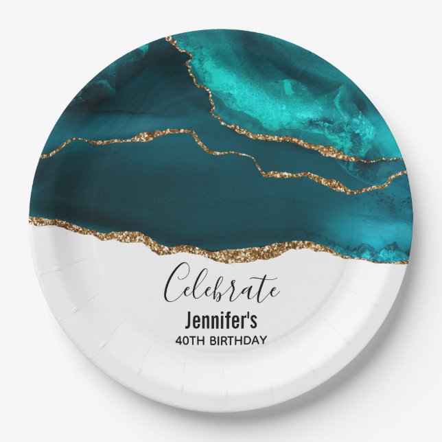 Assiettes En Carton Moderne Design Turquoise & Or Agate sur Blanc Anni (Devant)