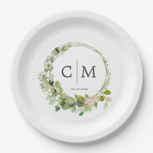Assiettes En Carton Moderne, élégant monogramme, mariage eucalyptus