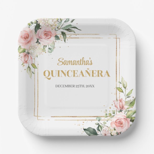 Assiettes En Carton Moderne floral eucalyptus or QUINCEAÑERA (Recto)