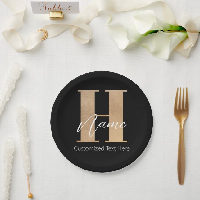 Assiettes En Carton Moderne Monogramme Initiale H & Nom Personnalisé (Mariage)