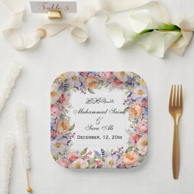 Assiettes En Carton Moderne rose floral Nikah Invitation musulmane (Mariage)