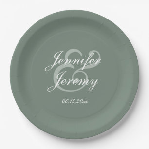 Assiettes En Carton Moderne Sage Green Élégant Mariage de script blanc
