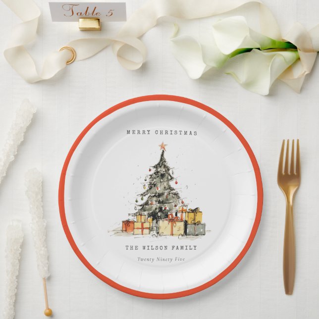 Assiettes En Carton Moderne Sketchy Noël Arbre Cadeaux Photo (Mariage)