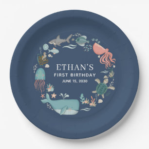 Assiettes En Carton Moderne sous la mer 1er Anniversaire Bleu Aquarell
