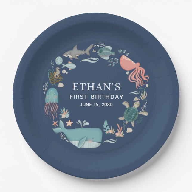 Assiettes En Carton Moderne sous la mer 1er Anniversaire Bleu Aquarell (Devant)