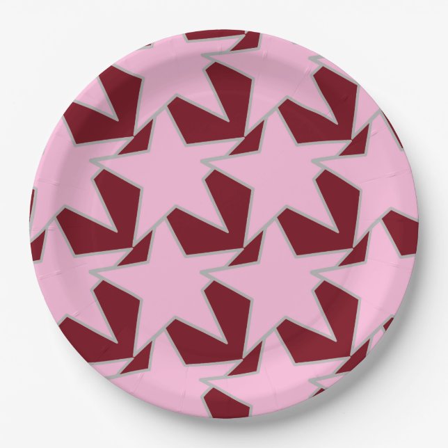 Assiettes En Carton Moderne Star Géométrique - rose et bordeaux (Devant)