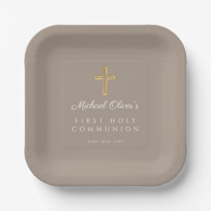 Assiettes En Carton Moderne Taupe Croix religieuse Première communion