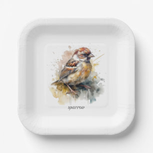 Assiettes En Carton Moineau aquarelle rustique, personnalisé