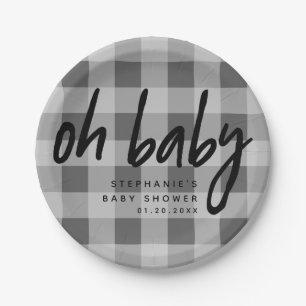 Assiettes En Carton Mon bébé   Baby shower gris En vichy