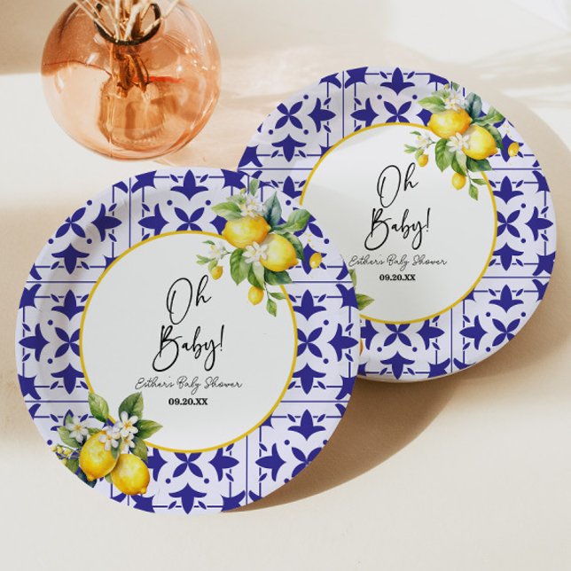 Assiettes En Carton Mon bébé ! Carrelage bleu méditerranéen Baby showe (Créateur téléchargé)