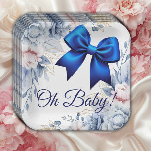 Assiettes En Carton Mon bébé ! Élégant Baby shower Floral Blue Bow