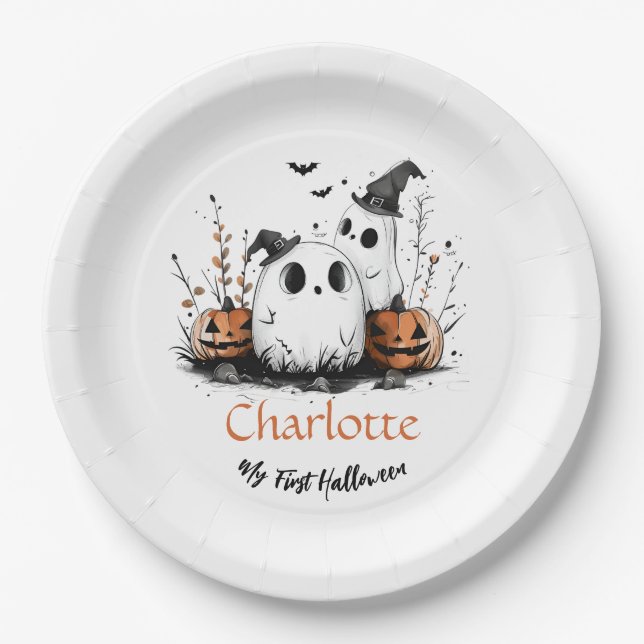 Assiettes En Carton Mon premier Halloween mignon Citrouille fantôme No (Devant)