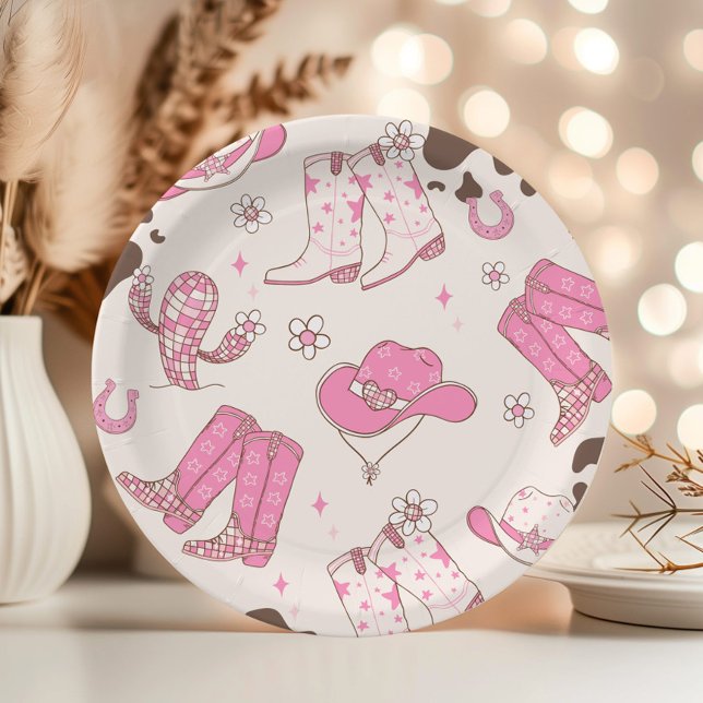 Assiettes En Carton Mon premier Rodeo Cowgirl rose fête d'anniversaire (Créateur téléchargé)